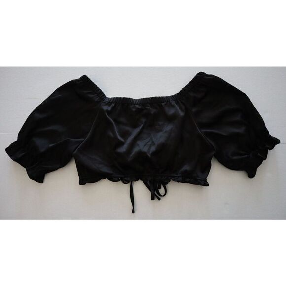 Nasty Gal QDA0078107 Women's Sz 6 Black Satin Tie Front S/S Crop Top Blouse - Picture 9 of 9